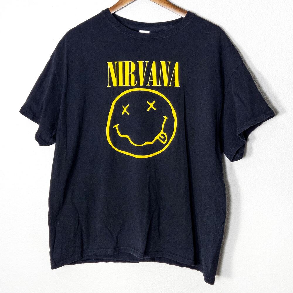 Nirvana Smiley Graphic T Shirt Band Tee Black Size XL Grunge Streetwear